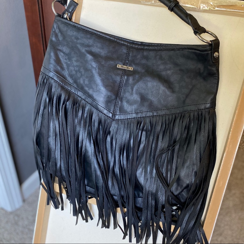MISS ME Black Matte Leopard Print Fringe Hobo Bag
